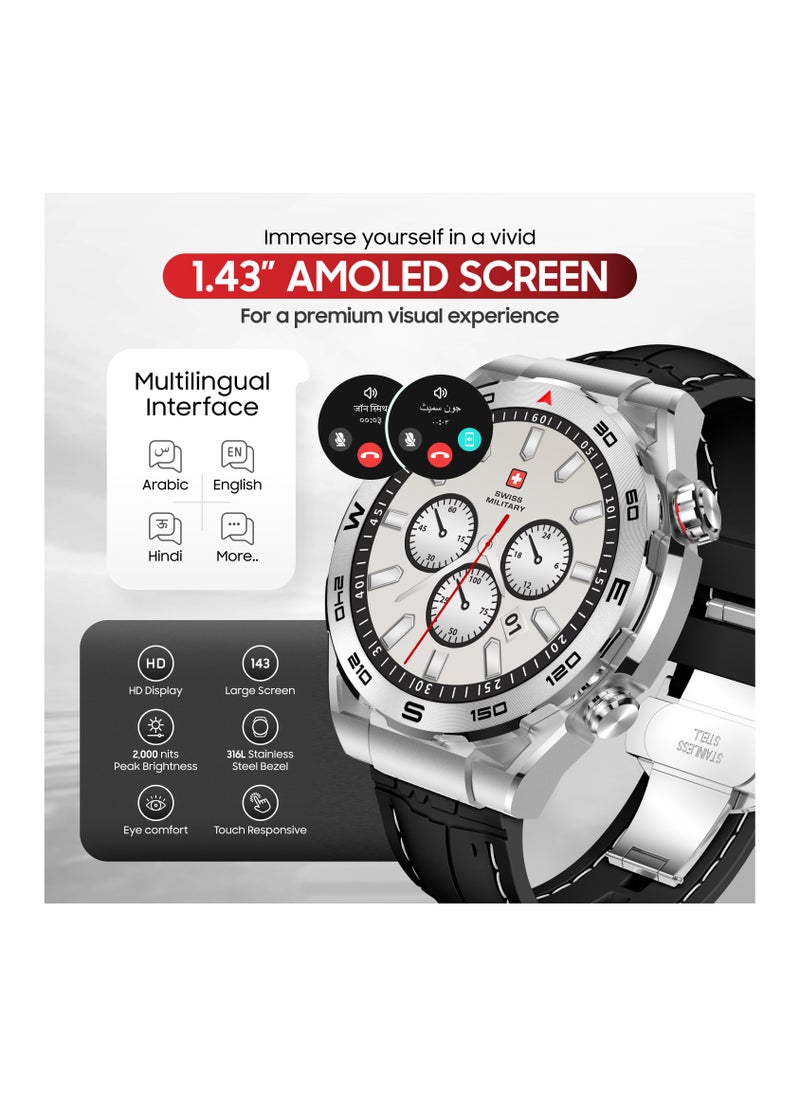 SWISS MILITARY - Swiss Military DOM3 Smartwatch 1.43" AMOLED, Bluetooth Calling, Multi Language, Health & Sports Tracking, Wireless Charging, 7 Days Battery, IP67, iOS/Android Compatible, Black Frame + 2 Straps - Image 1