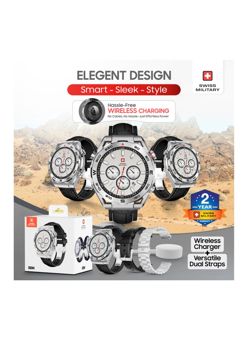 SWISS MILITARY - Swiss Military DOM3 Smartwatch 1.43" AMOLED, Bluetooth Calling, Multi Language, Health & Sports Tracking, Wireless Charging, 7 Days Battery, IP67, iOS/Android Compatible, Black Frame + 2 Straps - Image 1