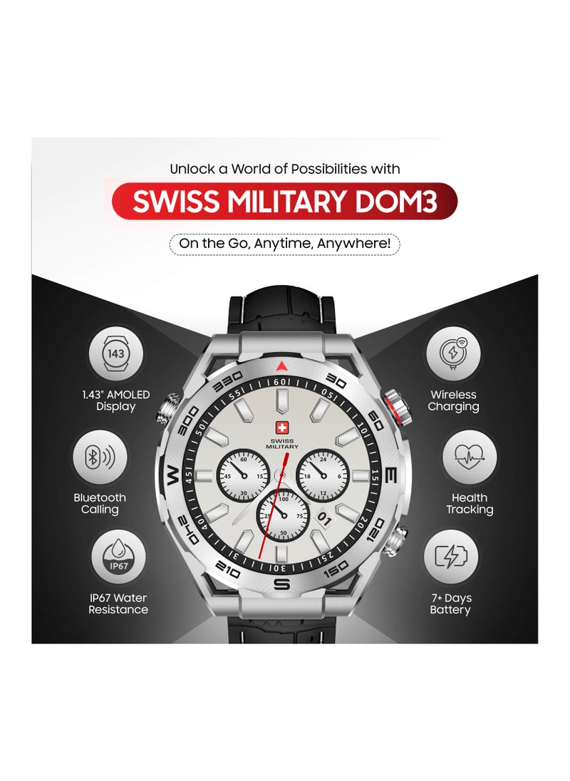 SWISS MILITARY - Swiss Military DOM3 Smartwatch 1.43" AMOLED, Bluetooth Calling, Multi Language, Health & Sports Tracking, Wireless Charging, 7 Days Battery, IP67, iOS/Android Compatible, Black Frame + 2 Straps - Image 1