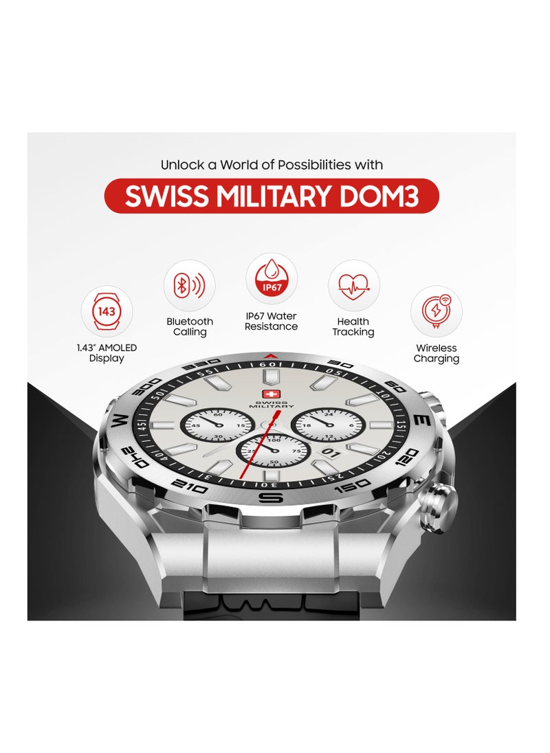 SWISS MILITARY - Swiss Military DOM3 Smartwatch 1.43" AMOLED, Bluetooth Calling, Multi Language, Health & Sports Tracking, Wireless Charging, 7 Days Battery, IP67, iOS/Android Compatible, Black Frame + 2 Straps - Image 1