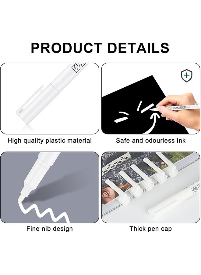6 Pack White Marker 1mm Extra Fine Tip White Paint Marker Permanent for Wood Rock, Plastic, Leather, Glass, Stone, Metal, Canvas, Ceramic, Fabric, Tire (White) - Image 2