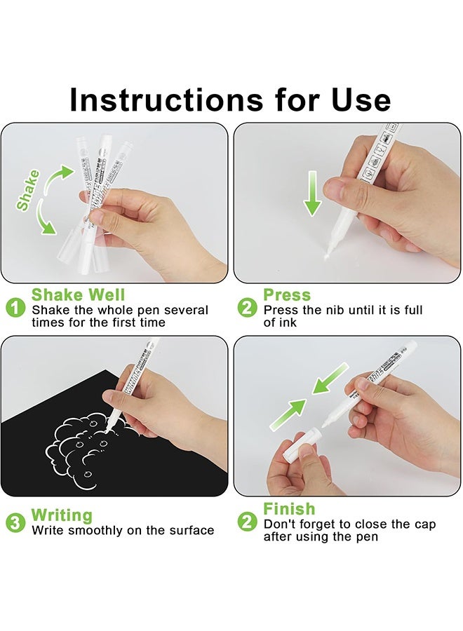 6 Pack White Marker 1mm Extra Fine Tip White Paint Marker Permanent for Wood Rock, Plastic, Leather, Glass, Stone, Metal, Canvas, Ceramic, Fabric, Tire (White) - Image 4