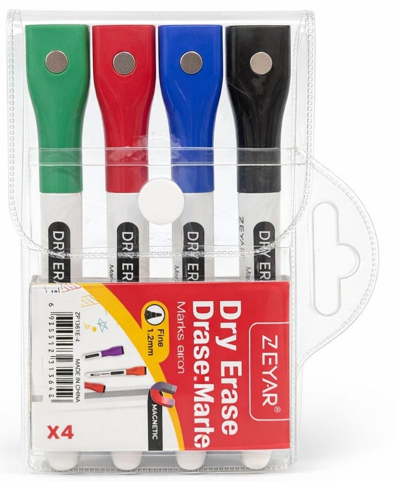 ZEYAR Magnetic Dry Erase Marker Set with Eraser Caps Multicolour 4 Pieces ZP1361E-4