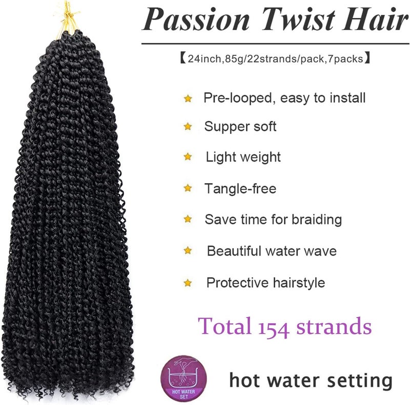Dorsanee Passion Twist Hair 24 Inch 7 Packs Water Wave Crochet Hair Long Bohemian Curly Braiding Hair for Butterfly Locs, Faux Locs, Boho Style Spring Twist Crochet Braids (1B#) - Image 3