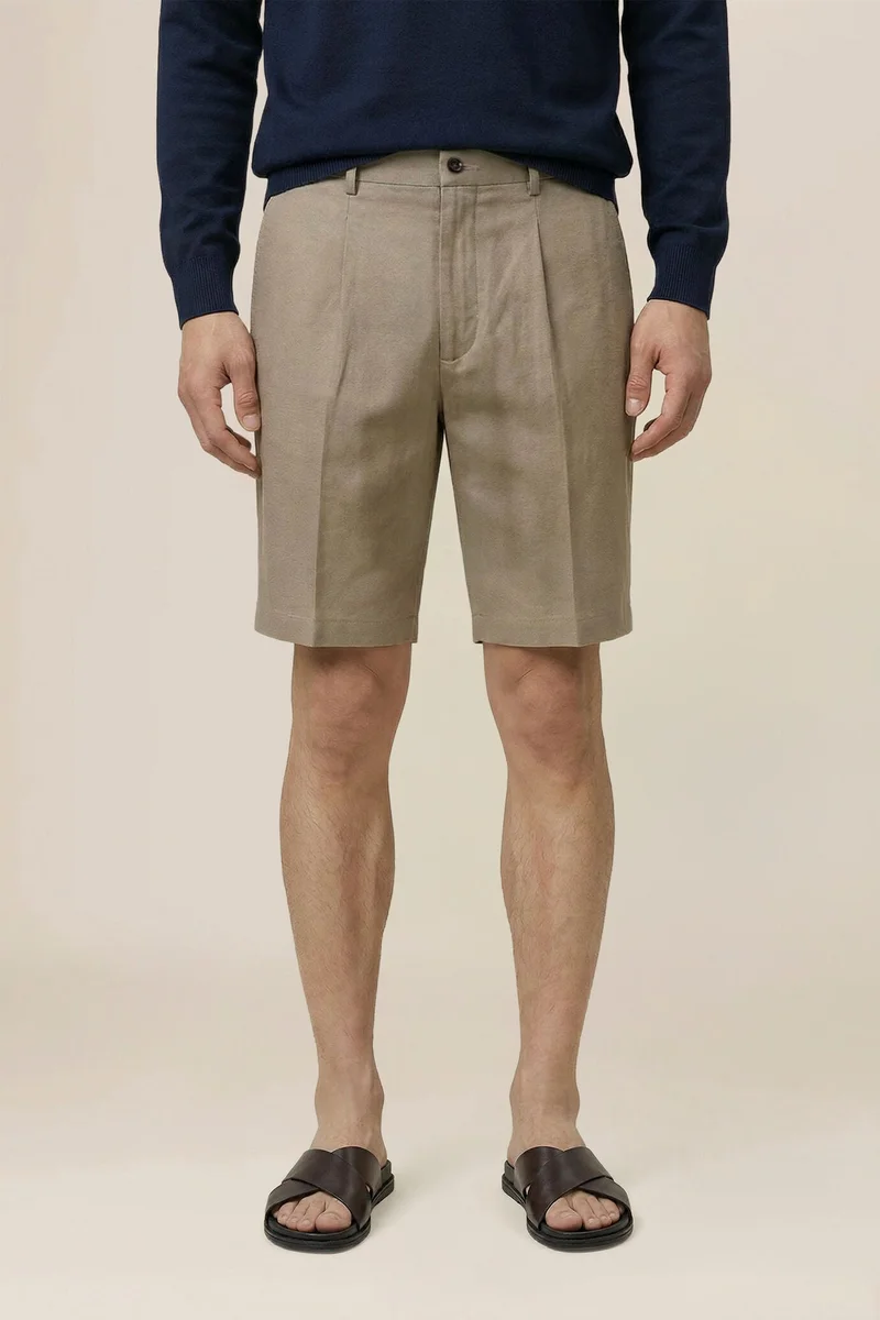 دوبل غانغر Men's 100% linen Bermuda shorts, regular fit - LT Brown