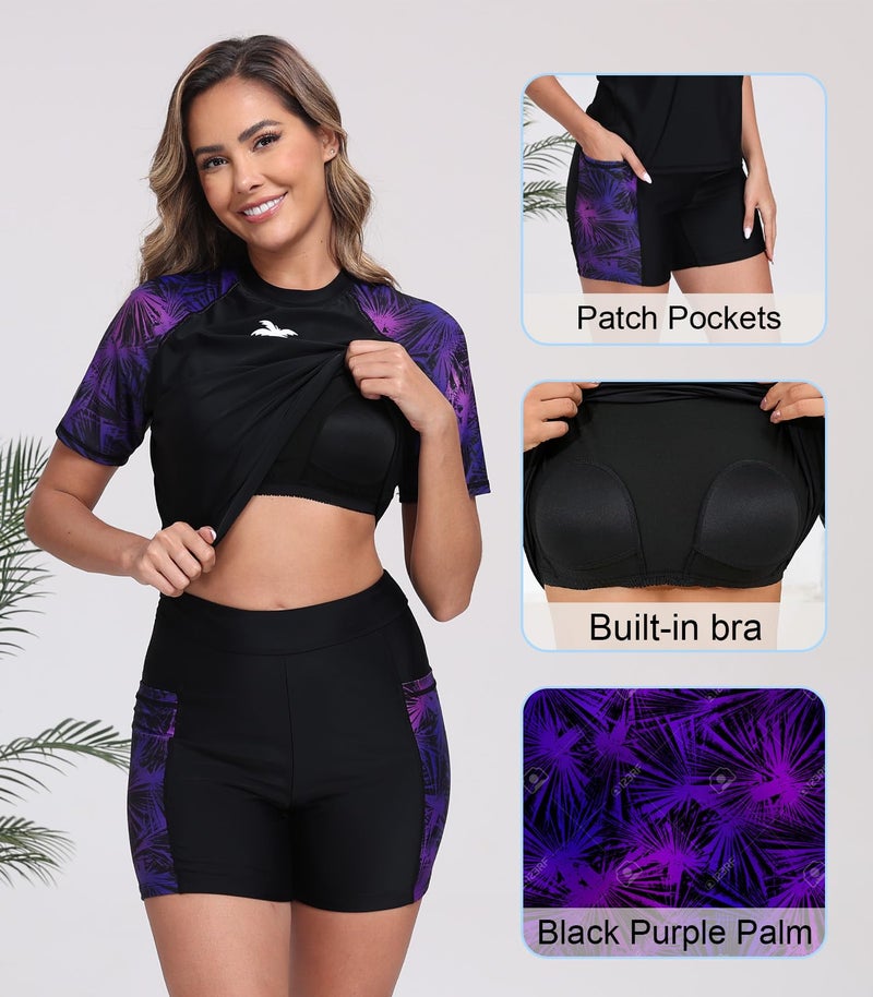 Halcurt Women Rash Guard Swimsuit Short Sleeves Swim Tee with High Waisted Shorts Sun Protective Swimsuits Purple L - Image 5
