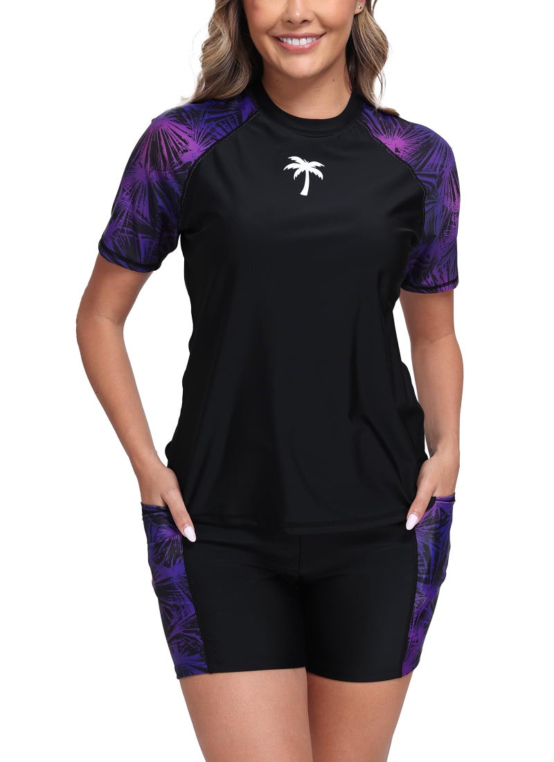 Halcurt Women Rash Guard Swimsuit Short Sleeves Swim Tee with High Waisted Shorts Sun Protective Swimsuits Purple L - Image 1