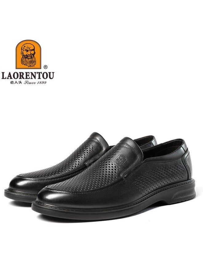 Laorentou Men's Leather Shoes, Summer Hollow-out Casual Shoes, Top-layer Cowhide Slip-on Shoes, Breathable Perforated Shoes, Ll12027, Black, Size 38
