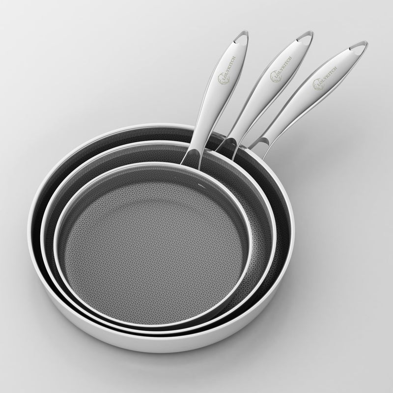 LOLYKITCH Frying Pan Set Nonstick, 8/10/12 Inch Stainless Steel Cookware Set Skillet with Detachable Handle, Induction & Oven Safe, Professional Non-Toxic PFOA Free Pans for Everyday Cooking - Image 1