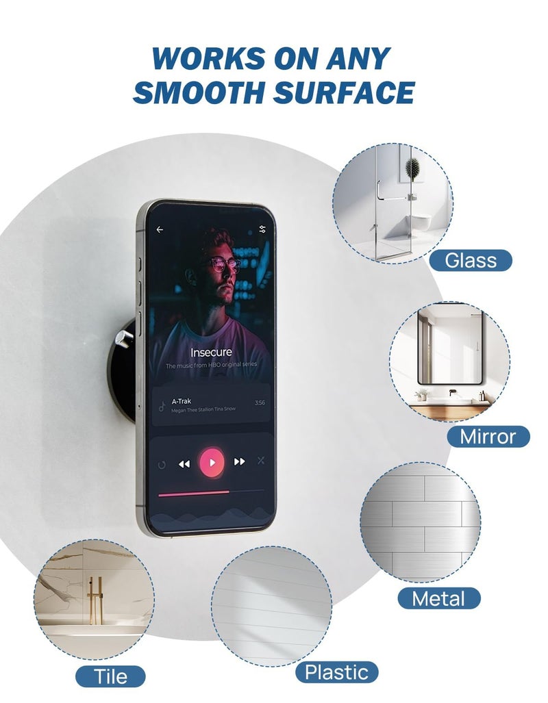 JOYTUTUS Shower Phone Holder, Reusable Suction Cup Phone Mount for Shower, Mirror, Kitchen, Window & Bathroom, Shower Phone Mount Compatible with iPhone 16, 15, 14, 13, 12 & All Phones,Black,1 Pack - Image 5
