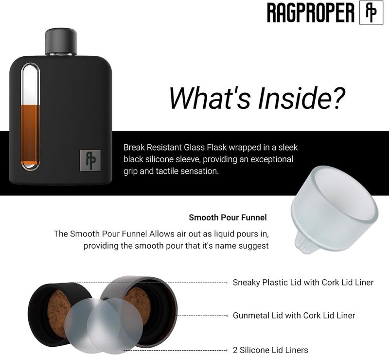 Ragproper Glass Hip Flask for Men – Modern Whiskey & Liquor Flask with Cork & Silicone Lid Liners, Durable Silicone Covered Double Shot Flask Bottle (8oz, 240ml, Black) - Image 4