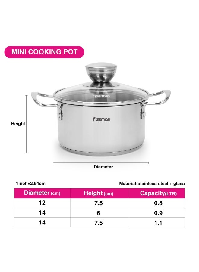 Fissman Cooking Pot 0.8L with Glass Lid, Stainless Steel Stockpot 12x7.5cm Mini Cook Series | 18/10 INOX304 Steel Mirror-Polished Kitchen Cookware | Induction Compatible | Dishwasher Safe  - Image 4