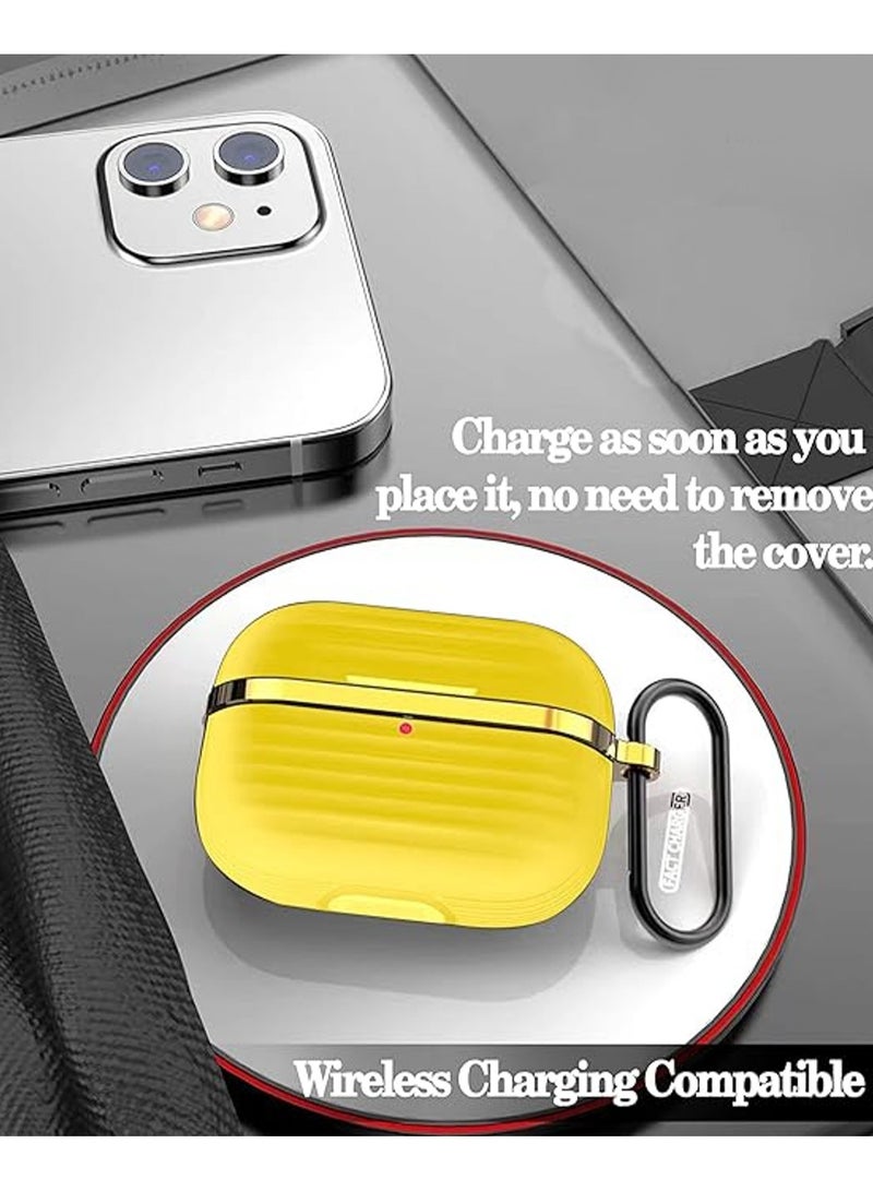 غطاء حماية سيليكون مع معدن ذهبي وتصميم مضلع لسماعات AirPods Pro 2 مع خطاف تثبيت مضاد للخدش ومضاد للانزلاق أصفر/ذهبي - Image 5