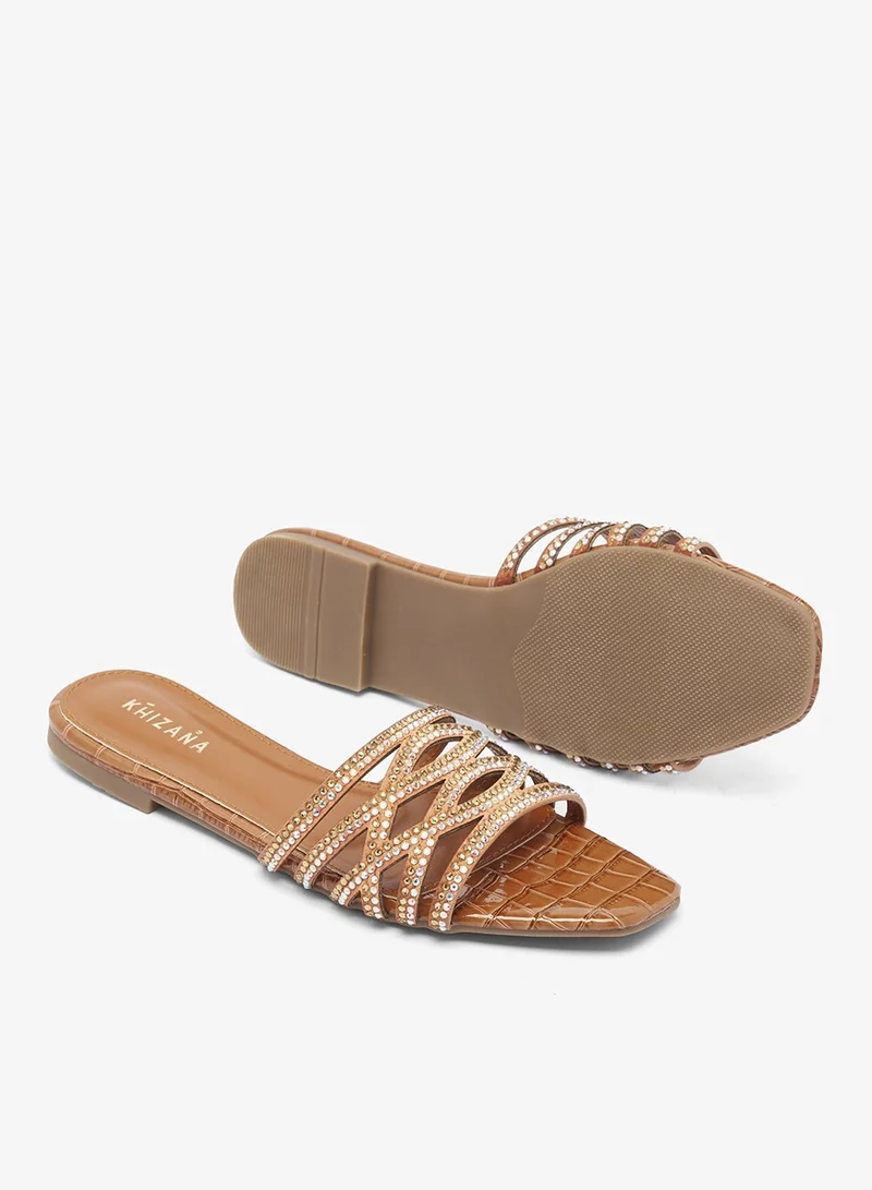 Khizana CAMEL Rhinestone Embellished Flat Sandals for Women | Best Price UAE