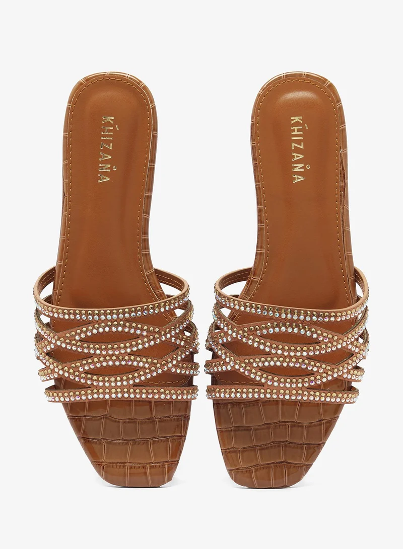 Khizana CAMEL Rhinestone Embellished Flat Sandals for Women | Best Price UAE