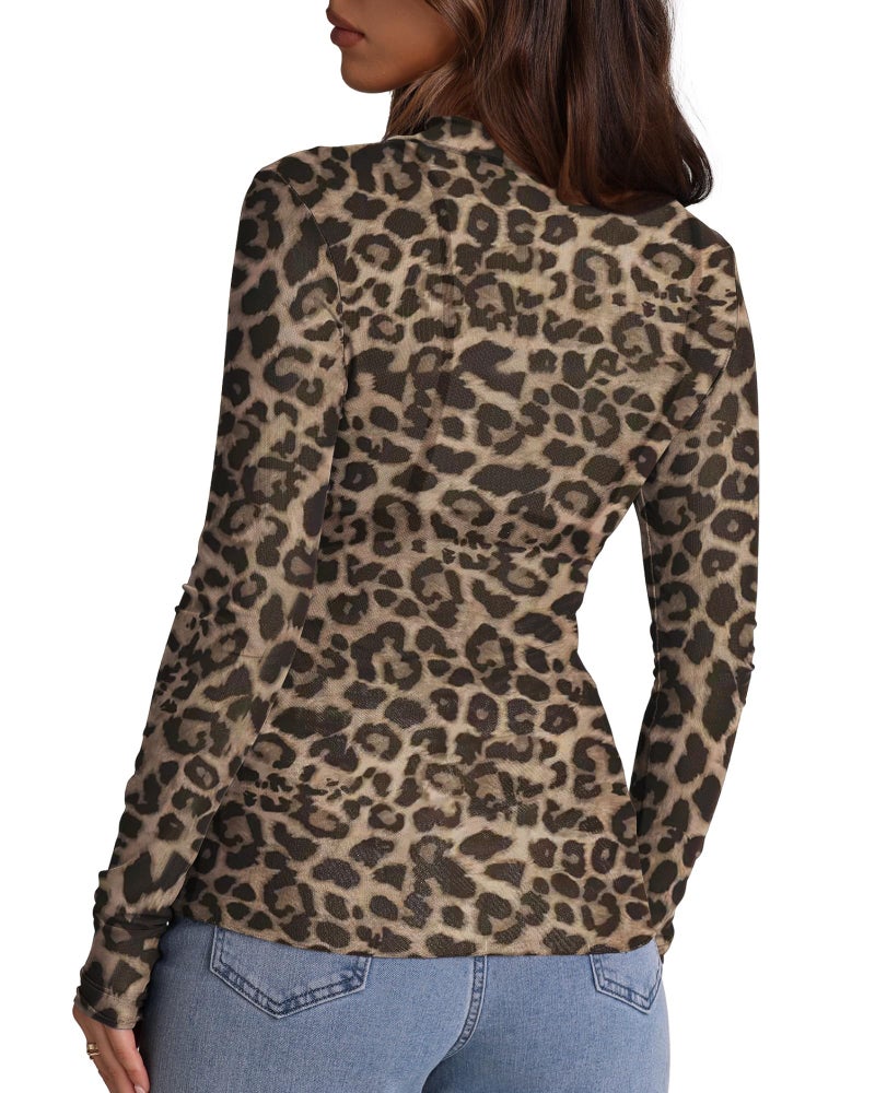 OFEEFAN Cheetah Print Tops for Women Mesh Long Sleeve Undershirt Y2K Tops for Party Clubwear Leopard XL - Image 5