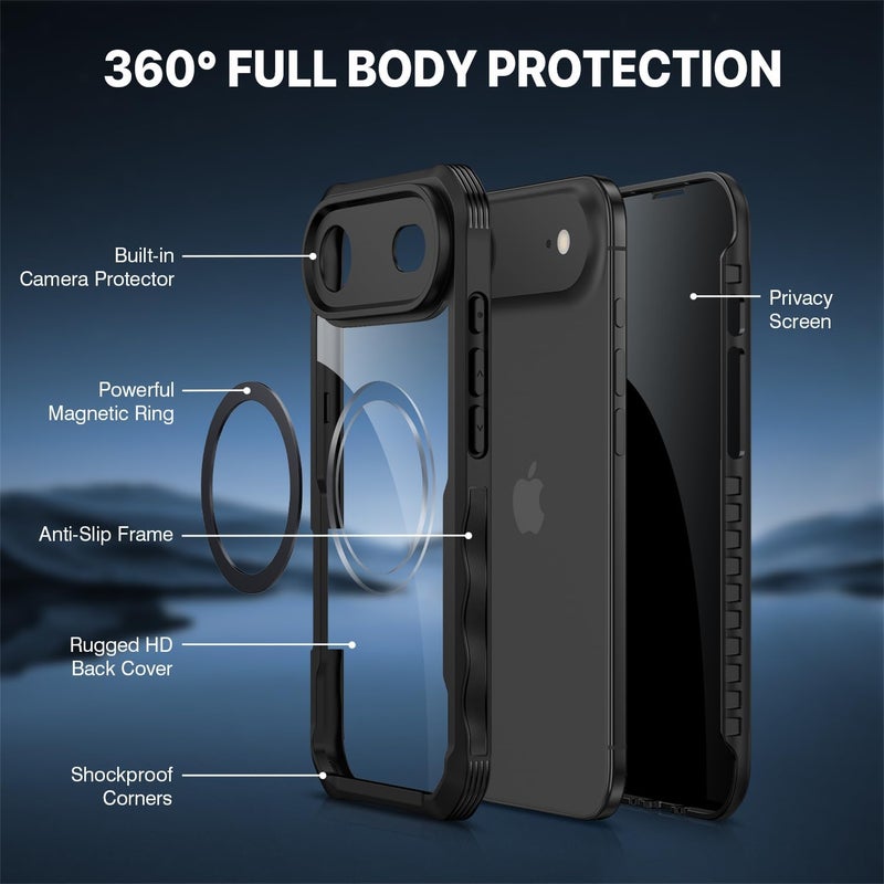 CENHUFO Magnetic Anti-Spy Case for iPhone 17 Air [Compatible with MagSafe] Built-in 9H Tempered Glass Screen Protector and Camera Protection, 360° Shockproof Phone Cover Case – Black Heavy load resistant - Image 3