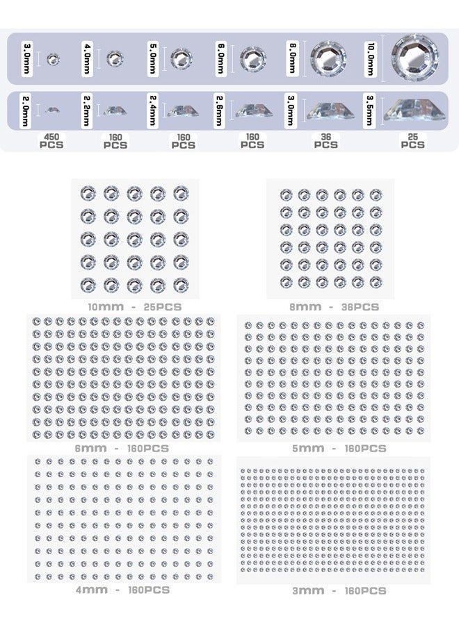 991 قطعة من ملصقات الوشم اللاصقة الشفافة المصنوعة من أحجار الراين، أحجار الراين الملتصقة على الوجه للشعر والوجه والمكياج والحرف اليدوية، 6 أحجام - Image 2