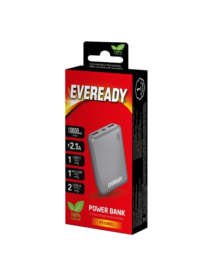 Fast Charger Portable Power Bank Mini 10000mAh - Compact Battery w/ Charge Indicator, 2x INPUT PORTS (1x USB-C, 1x Micro USB), 2 OUTPUT PORTS (2x USB-A), for iPhone, iPad, Android, Samsung - Silver