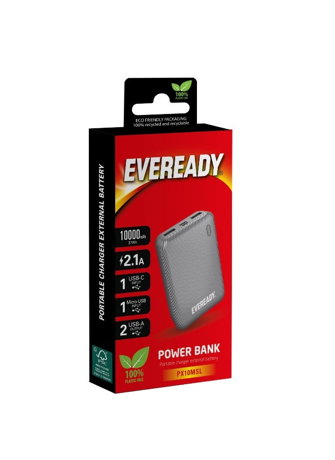 Fast Charger Portable Power Bank Mini 10000mAh - Compact Battery w/ Charge Indicator, 2x INPUT PORTS (1x USB-C, 1x Micro USB), 2 OUTPUT PORTS (2x USB-A), for iPhone, iPad, Android, Samsung - Silver