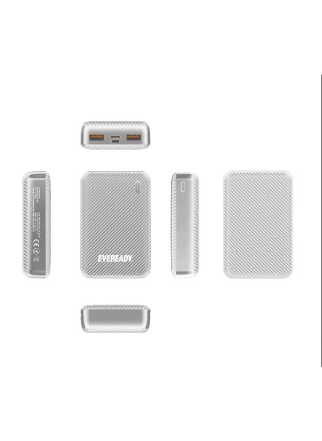 Fast Charger Portable Power Bank Mini 10000mAh - Compact Battery w/ Charge Indicator, 2x INPUT PORTS (1x USB-C, 1x Micro USB), 2 OUTPUT PORTS (2x USB-A), for iPhone, iPad, Android, Samsung - Silver