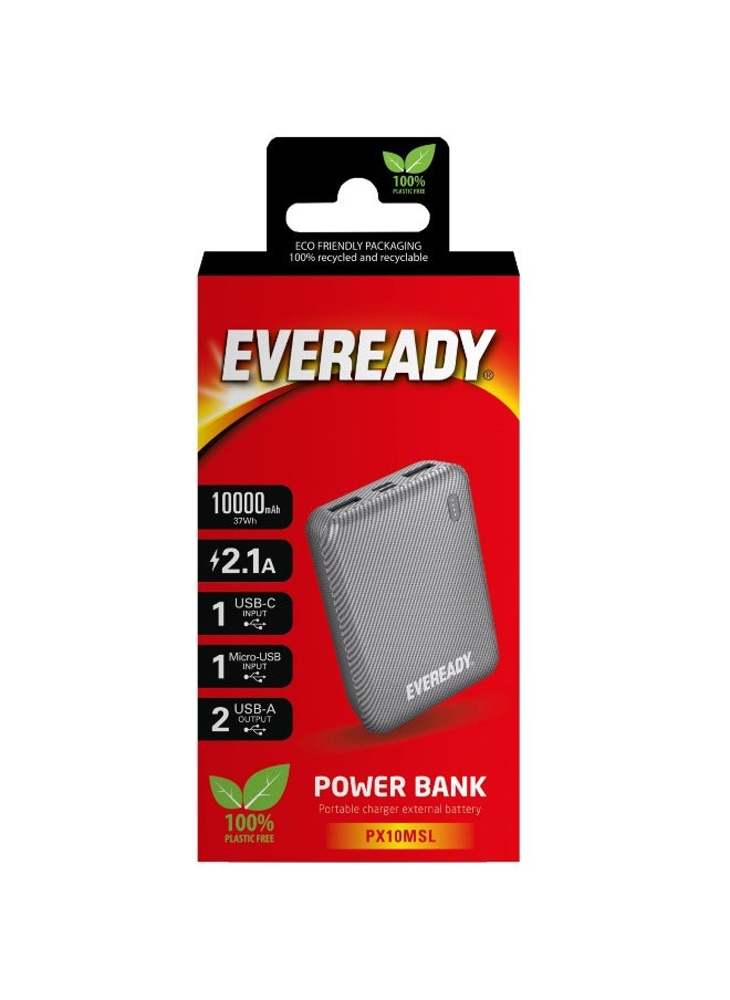 Fast Charger Portable Power Bank Mini 10000mAh - Compact Battery w/ Charge Indicator, 2x INPUT PORTS (1x USB-C, 1x Micro USB), 2 OUTPUT PORTS (2x USB-A), for iPhone, iPad, Android, Samsung - Silver