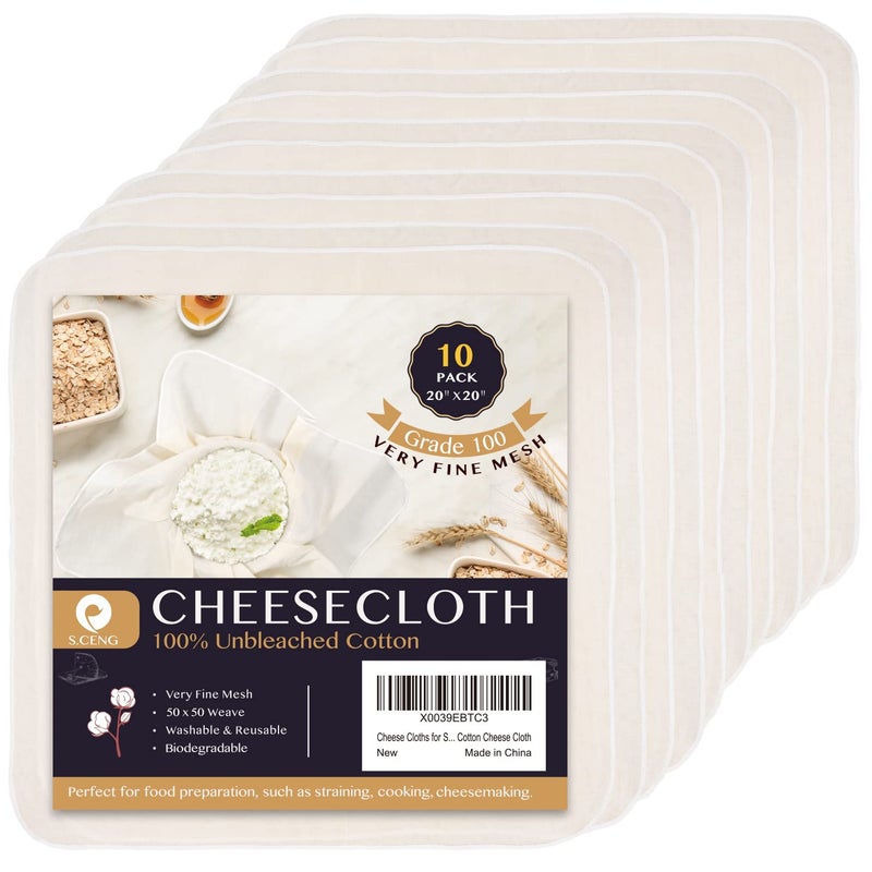 Cheese Cloths for Straining Grade 100 20 x 20inch 10 Pack Hemmed Cheesecloth for Cooking 100 Combed Unbleached Cotton Cheese Cloth