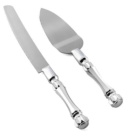 Homi styles Wedding Cake Knife and Server Set Purple, Cake Cutter and Pie Spatula, Cake Server and Knife Set of 2 with Acrylic Handles, 1.2mm Thick Blades, Cutting Set for Wedding Cake, Birthdays,(Silver) - Image 1