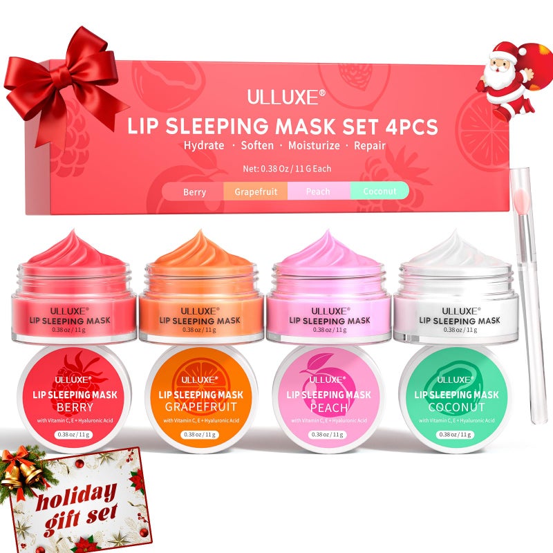 ulluxe Lip Mask Set 4 Pcs, Overnight Lip Sleeping Mask with Shea Butter, Hyaluronic Acid & Vitamin C Nourishes Hydrates Dry, Flaky Lips, Moisturizing Lip Repair Balm & Butter, Lip Care Gift for Women - Image 1