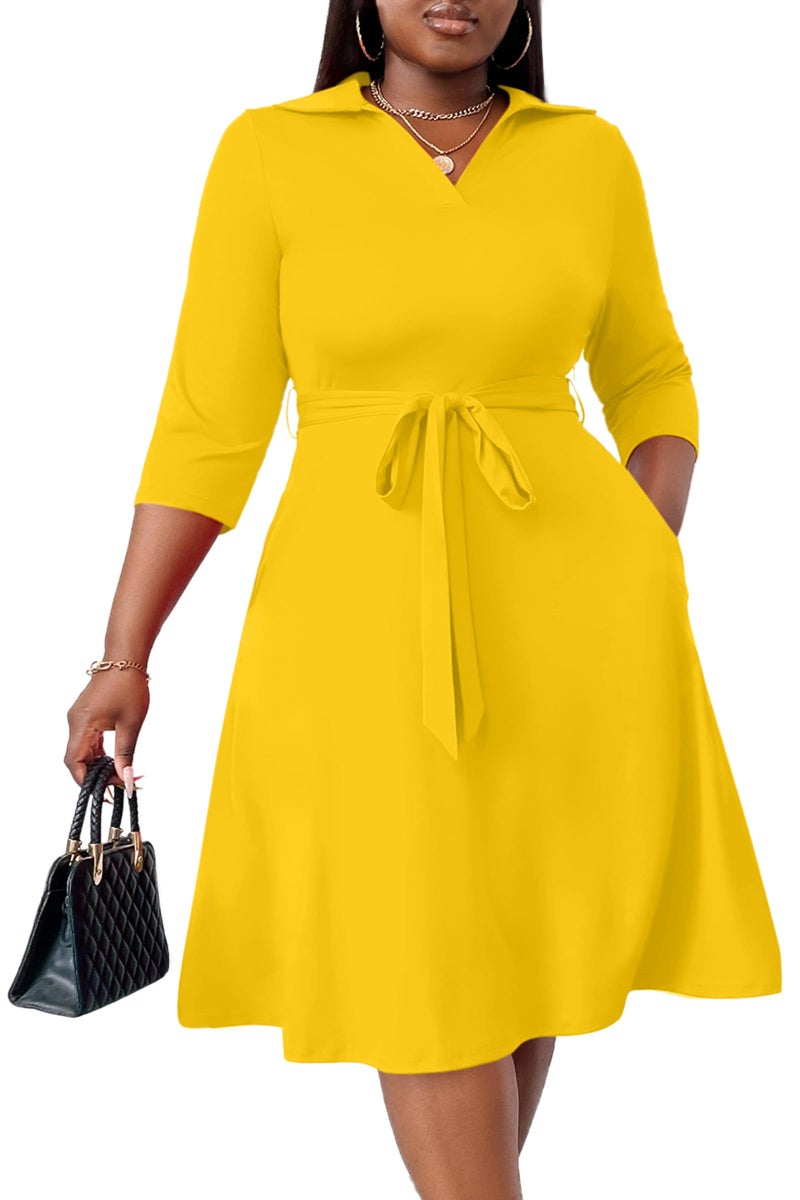 FANDEE Plus Size Dresses Yellow Women's Caual Midi Dress 3/4 Sleeve A-line Swing Dress for Women with Belt for Summer 2XL - Image 1