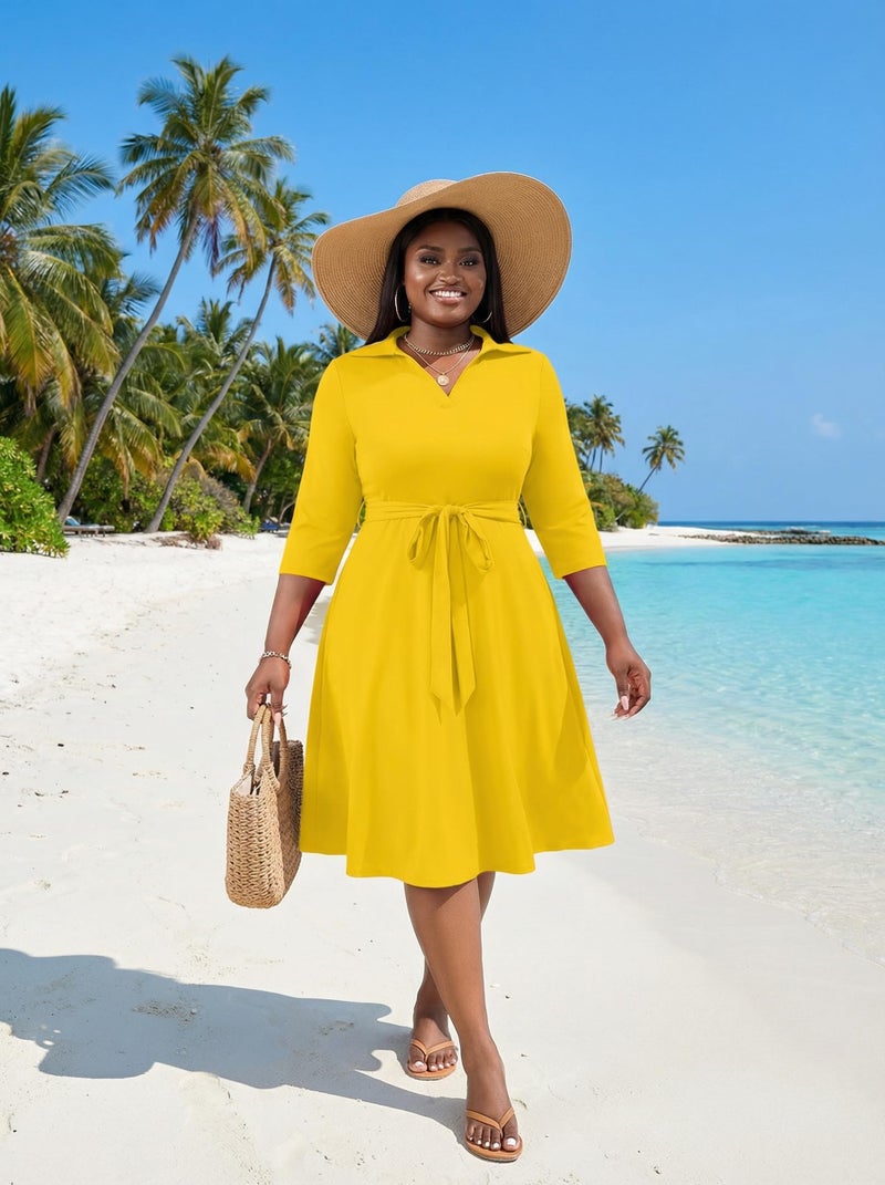 FANDEE Plus Size Dresses Yellow Women's Caual Midi Dress 3/4 Sleeve A-line Swing Dress for Women with Belt for Summer 2XL - Image 4