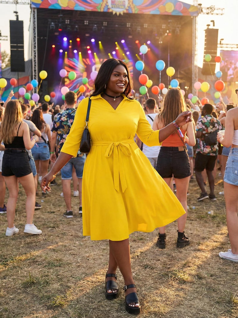 FANDEE Plus Size Dresses Yellow Women's Caual Midi Dress 3/4 Sleeve A-line Swing Dress for Women with Belt for Summer 2XL - Image 3