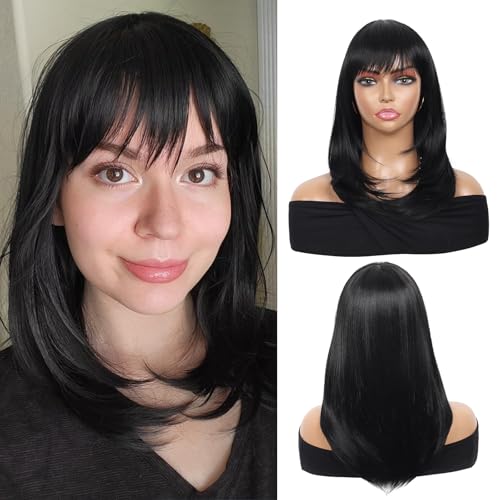 Kalyss Black Wig with Bangs Layered Wigs for Women Natural Looking Heat Resistant Synthetic Hair Wigs for Women Medium Long Straight Wig 18 Inches - Image 2