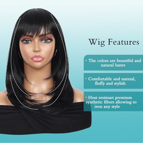 Kalyss Black Wig with Bangs Layered Wigs for Women Natural Looking Heat Resistant Synthetic Hair Wigs for Women Medium Long Straight Wig 18 Inches - Image 4