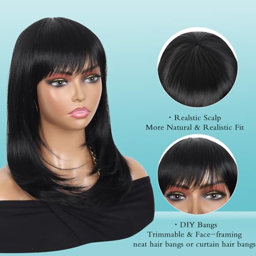 Kalyss Black Wig with Bangs Layered Wigs for Women Natural Looking Heat Resistant Synthetic Hair Wigs for Women Medium Long Straight Wig 18 Inches - Image 5