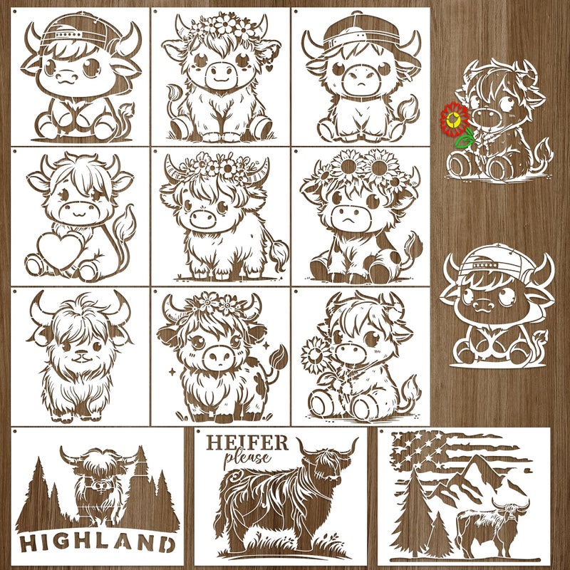 Keluna 12 Pcs Reusable Cow Farmhouse Stencils for Painting - Large Flower Cow Paint Stencils, Animal Template for Crafts on Wood Canvas Furniture - Image 1
