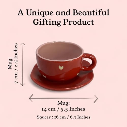 BACKKSPACE RETAIL Handcrafted Heart Design Ceramic Cup and Saucer Set- Red, 400 ml Capacity | Microwave & Dishwasher Safe | Perfect Addition to Any Coffee, Tea, Milk or Soup Lover's Collection - Image 3
