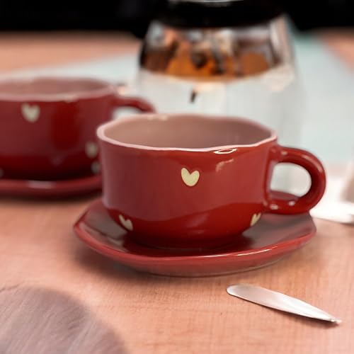 BACKKSPACE RETAIL Handcrafted Heart Design Ceramic Cup and Saucer Set- Red, 400 ml Capacity | Microwave & Dishwasher Safe | Perfect Addition to Any Coffee, Tea, Milk or Soup Lover's Collection - Image 2