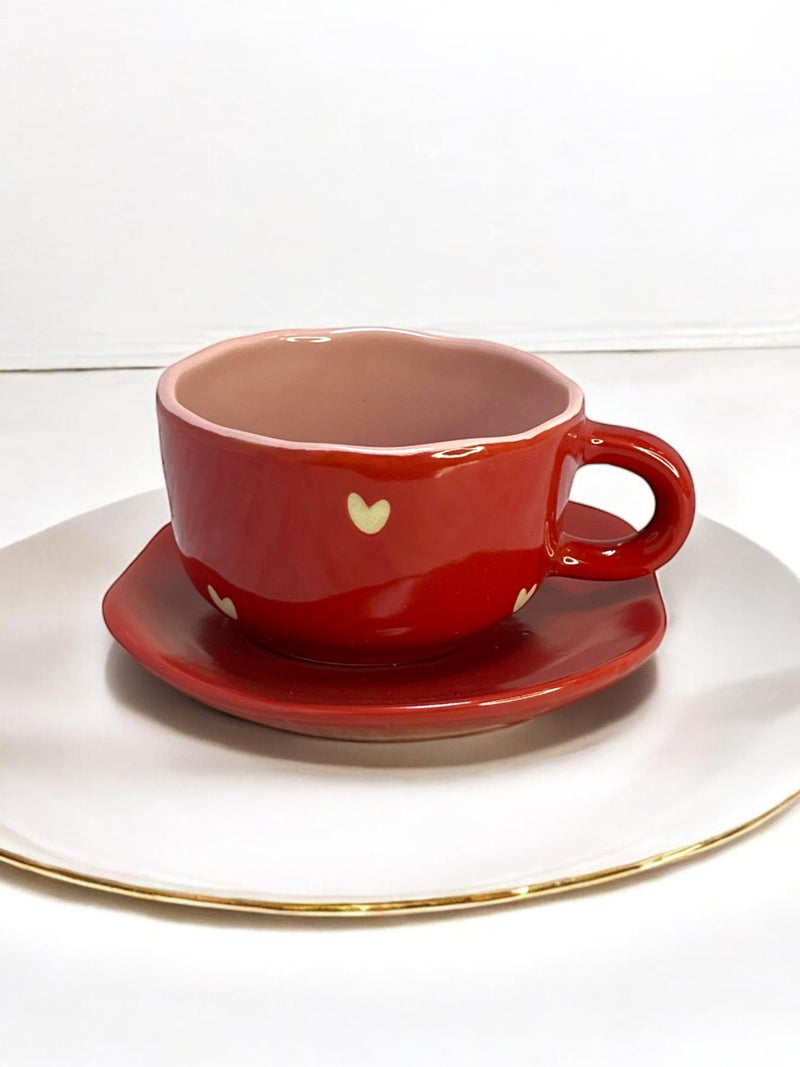 BACKKSPACE RETAIL Handcrafted Heart Design Ceramic Cup and Saucer Set- Red, 400 ml Capacity | Microwave & Dishwasher Safe | Perfect Addition to Any Coffee, Tea, Milk or Soup Lover's Collection - Image 1