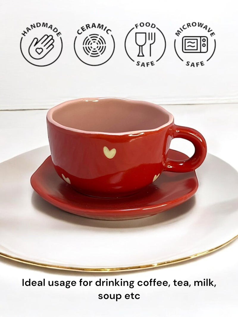 BACKKSPACE RETAIL Handcrafted Heart Design Ceramic Cup and Saucer Set- Red, 400 ml Capacity | Microwave & Dishwasher Safe | Perfect Addition to Any Coffee, Tea, Milk or Soup Lover's Collection - Image 5
