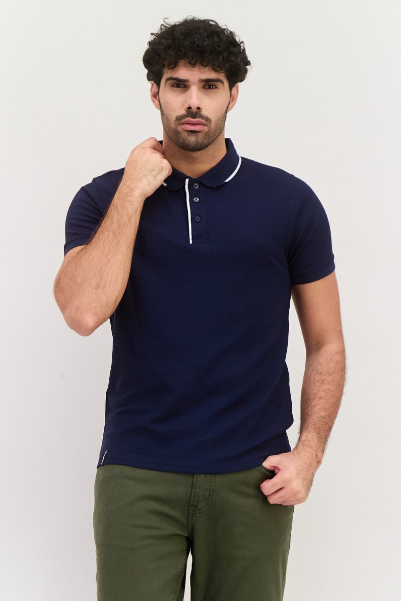 Threadbare Men Regular Fit Textured Short Sleeves Polo Shirt, Dark Navy - Image 1