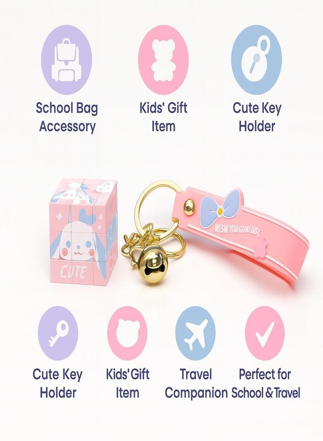 Tresneria Cute Cartoon Cube Keychain with Strap & Bell | Metal Key Ring for Kids, Girls, Boys, Bags & Gifting (Pink Cube Keychain) - Image 3