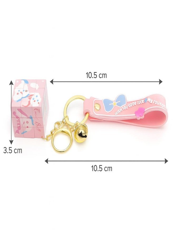 Tresneria Cute Cartoon Cube Keychain with Strap & Bell | Metal Key Ring for Kids, Girls, Boys, Bags & Gifting (Pink Cube Keychain) - Image 2