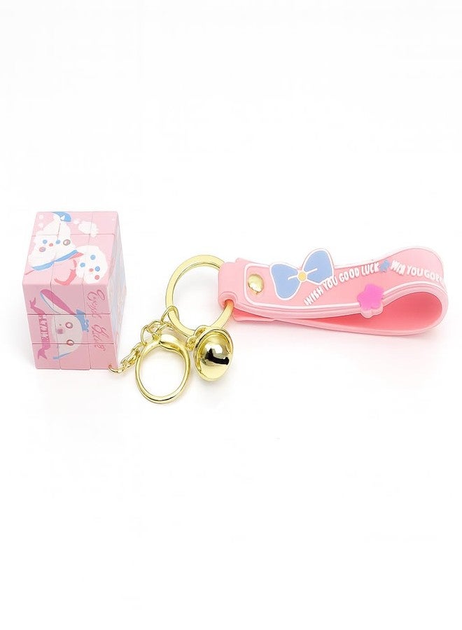 Tresneria Cute Cartoon Cube Keychain with Strap & Bell | Metal Key Ring for Kids, Girls, Boys, Bags & Gifting (Pink Cube Keychain) - Image 1