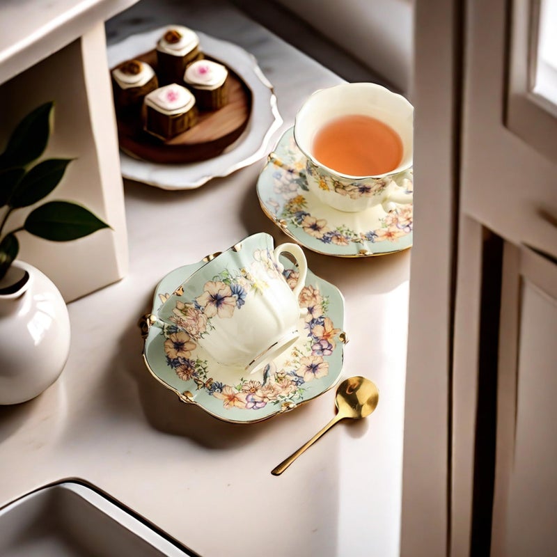 TATSUMI Country Roses Bone China Tea Cup and Saucer Set, 3 Pieces, Vintage Style, For Women and Tea Parties(Dutch Blue,1 Set) - Image 5