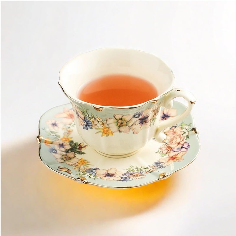 TATSUMI Country Roses Bone China Tea Cup and Saucer Set, 3 Pieces, Vintage Style, For Women and Tea Parties(Dutch Blue,1 Set) - Image 1