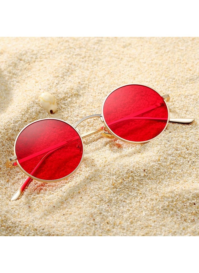 COASION - Vintage Round Metal Sunglasses Small Red Halloween Glasses For Women Men (Gold Frame Red Lens) - Image 1
