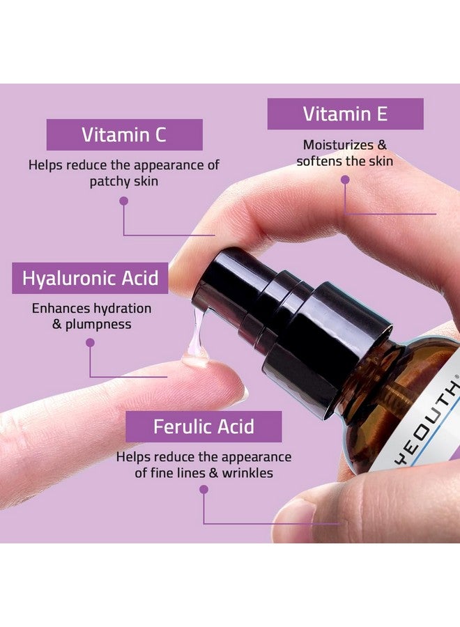 يوث سيروم YEOUTH المضاد للشيخوخة للوجه مع حمض الهيالورونيك وفيتاميني C وE وحمض الفيروليك، سيروم للوجه يستهدف البشرة الباهتة والجافة، سيروم مرطب 1 أونصة - Image 5