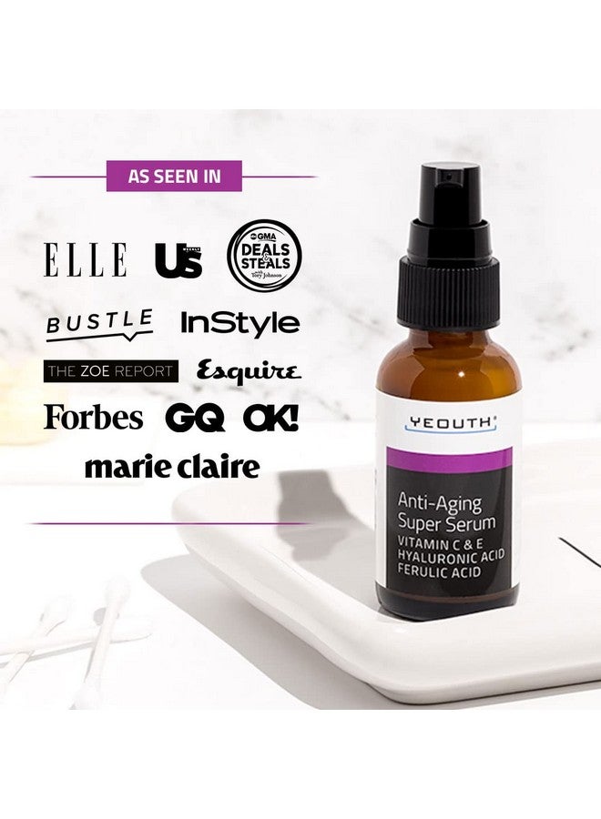 يوث سيروم YEOUTH المضاد للشيخوخة للوجه مع حمض الهيالورونيك وفيتاميني C وE وحمض الفيروليك، سيروم للوجه يستهدف البشرة الباهتة والجافة، سيروم مرطب 1 أونصة - Image 2