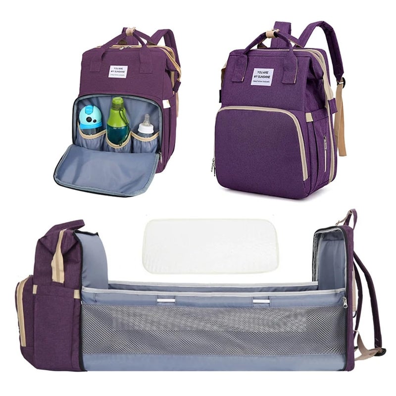 Diaper Bag Backpack with Bassinet, Travel Baby Bed Changing Station, Large Capacity Waterproof Maternity Bag, Portable Baby Crib for Mom and Dad (Purple) - Image 1